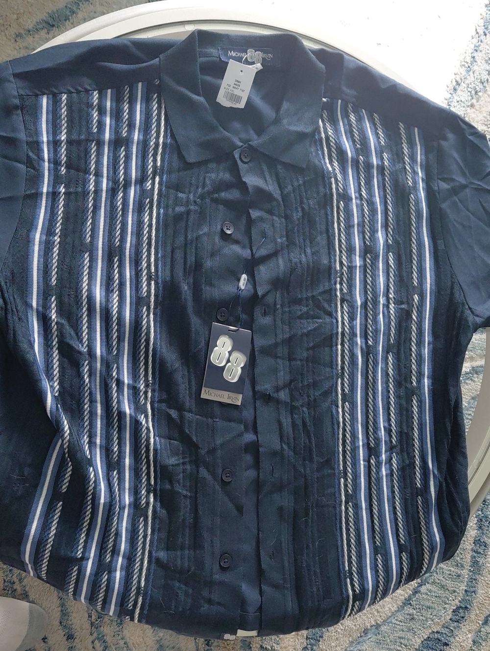 Brand New Michael Irvin Navy Short-Sleeve Striped Button-Down Shirt
